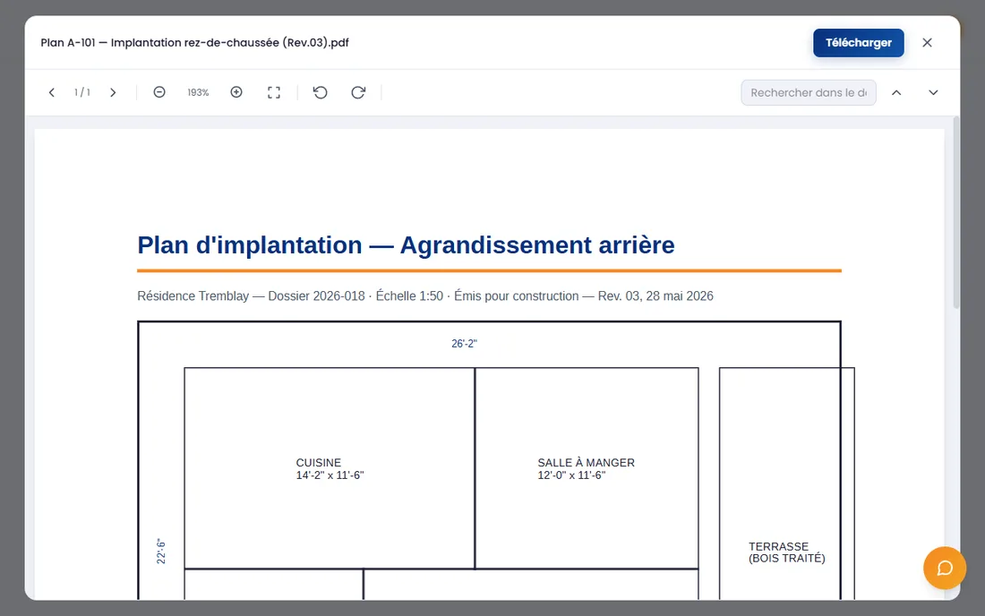 Memoras Docs — aperçu plein écran d'un plan PDF avec zoom et recherche dans le document
