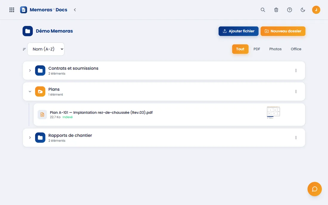 Memoras Docs — espace de chantier avec dossiers Plans, Contrats et Rapports