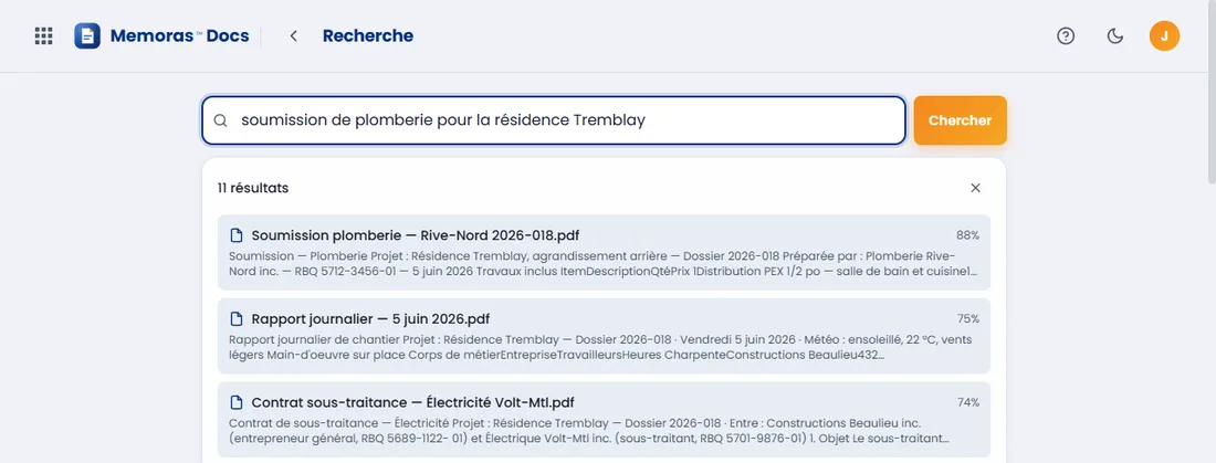 Memoras Docs — recherche IA qui retrouve une soumission de plomberie par son contenu